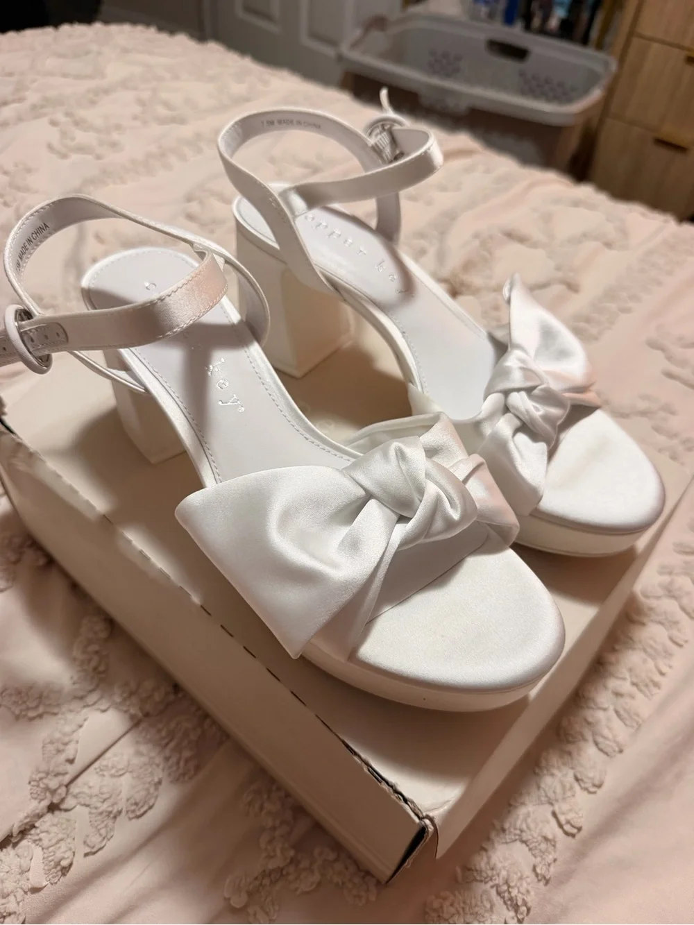 Copper Key White Knotted Platform Block Heel Sandals with Ankle Strap